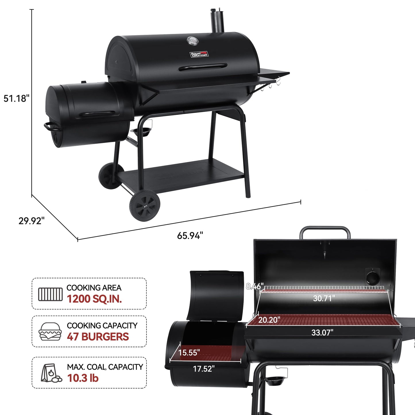 Royal Gourmet CC2036F Barrel Charcoal Grill with Offset Smoker, Outdoor BBQ Grill with 1200 Sq. In. Grilling Area for Large Event Gathering, Black