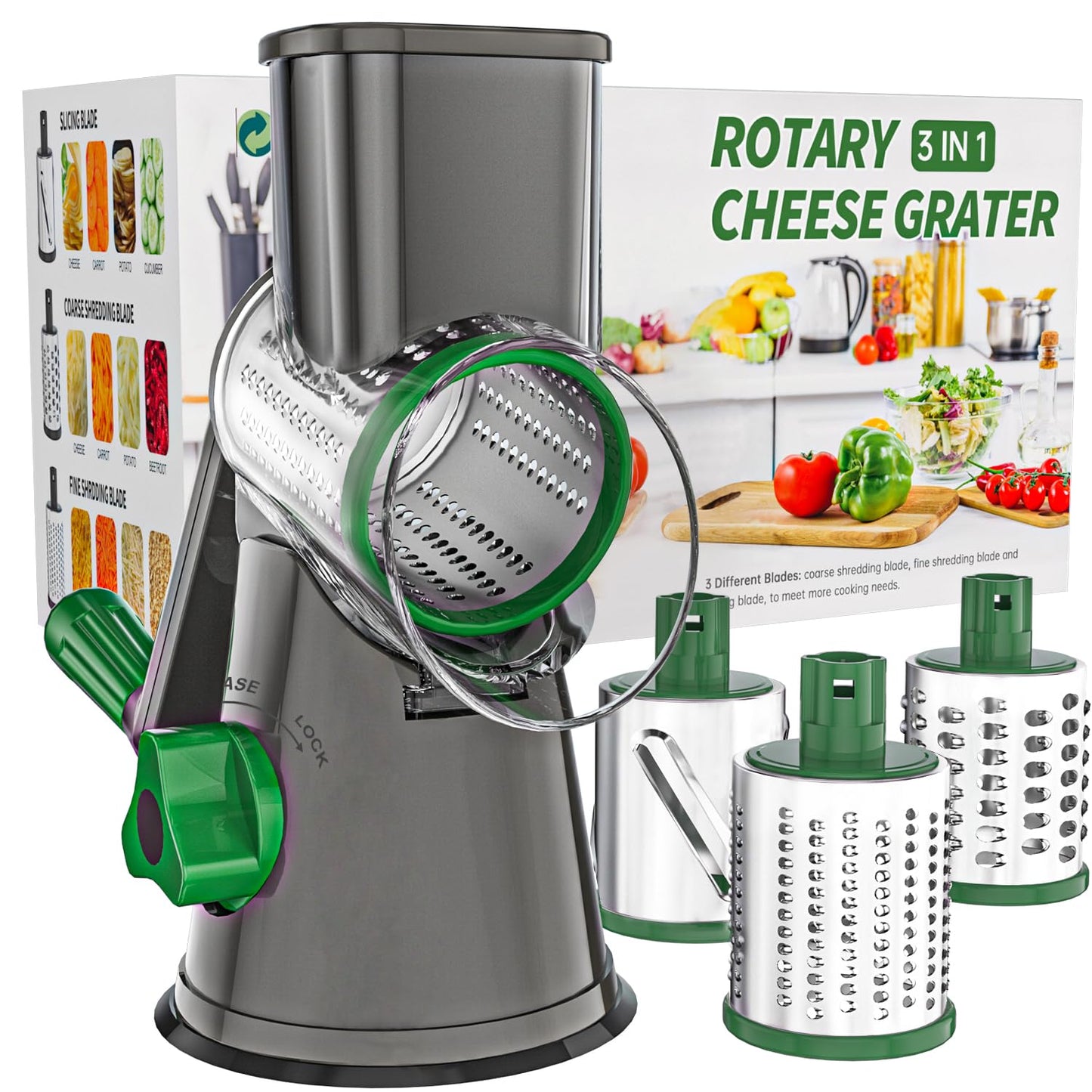 Cambom Rotary Cheese Grater Hand Crank Cheese Shredder for Fresh Cheese, Vegetable, Nuts,Non-slip Suction Base，Three Blades,Blue