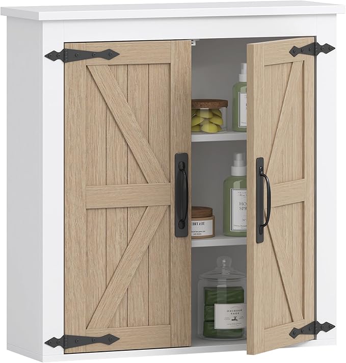 Spirich Bathroom Wall Cabinet Over Toilet, Farmhouse Wall Mounted Medicine Cabinet Organizer with Wood Grain Barn Doors and Adjustable Shelves