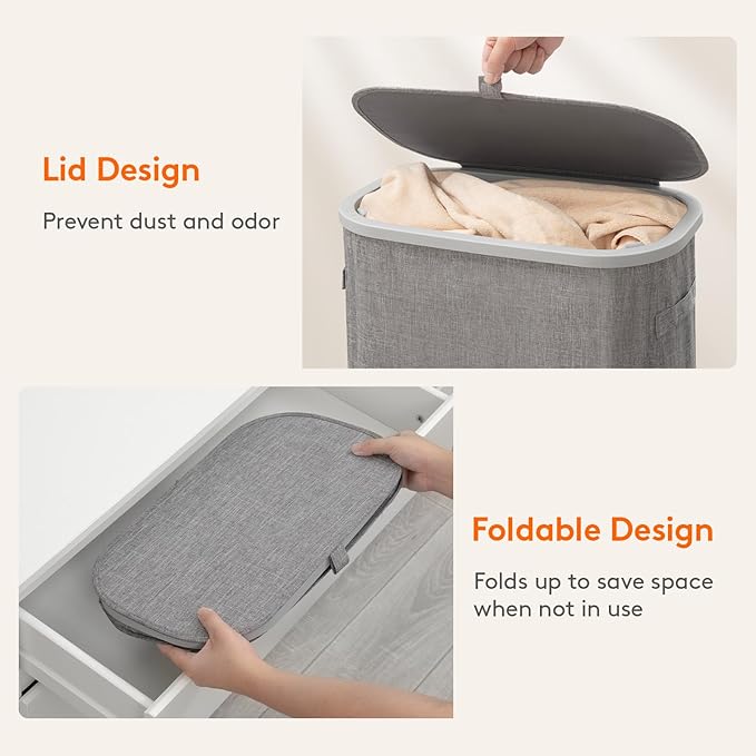 Lifewit 65L Slim Laundry Basket with Lid, Laundry Hamper with Plastic Handles and Removable Bag, Foldable Tall Dirty Clothes Hampers for Laundry for Laundry Room, Bedroom, Bathroom, Dorm, Light Gray
