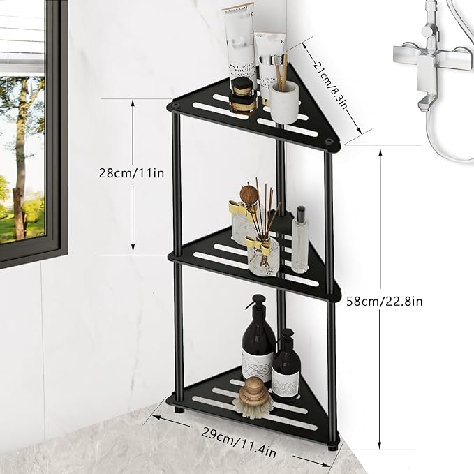 Standing Shower Caddy Corner, 3 Tier Stainless Steel Shower Organizer Stand, Rustproof Corner Shower Shelves, Corner Shower Caddy Bathroom Shower Stand, Black