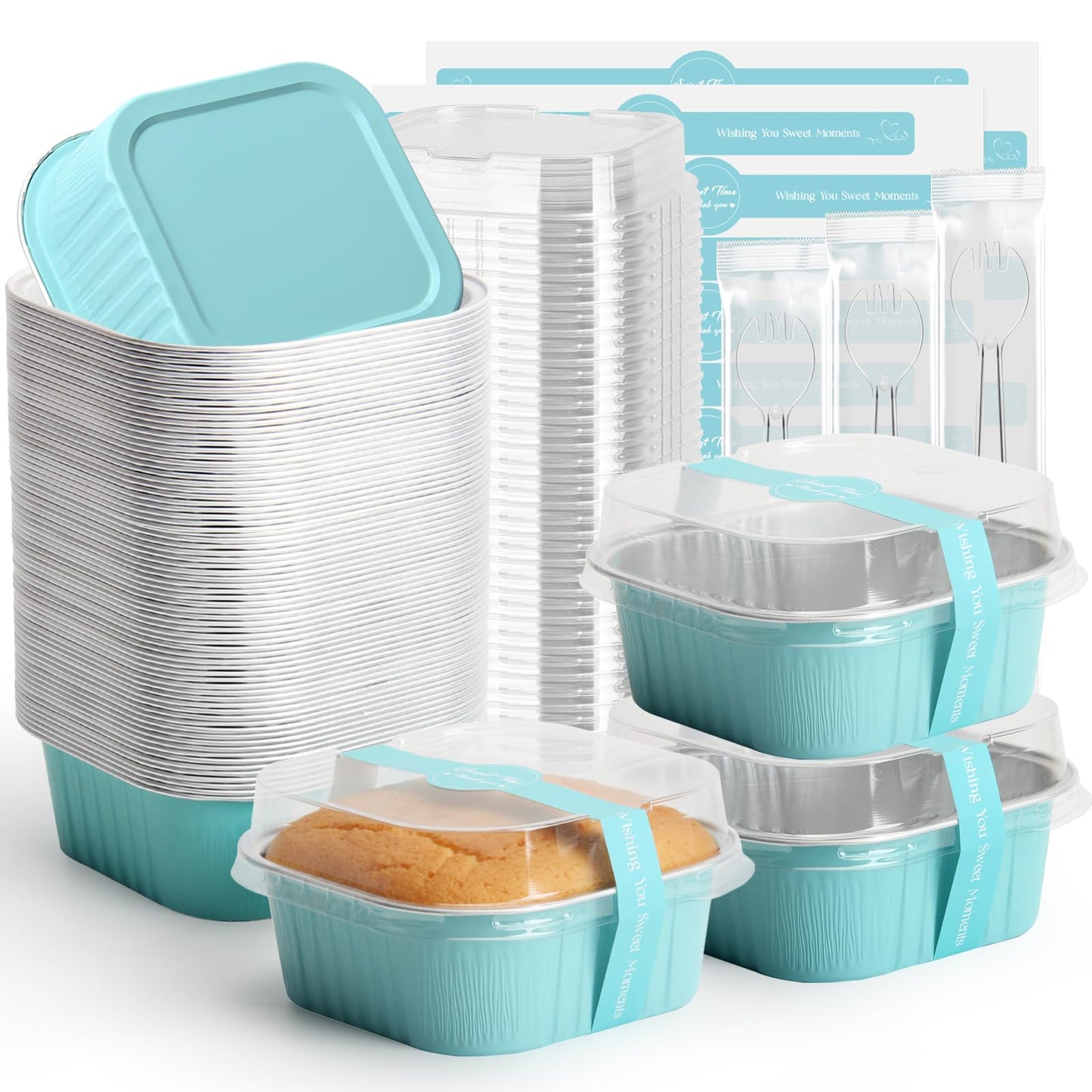 5oz 100pcs Mini Loaf Pans with Lids and Spoons,Square Black Gold Loaf Pans