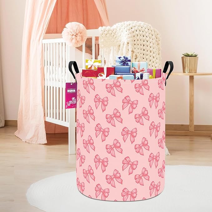 Laundry Hamper Large Canvas Fabric Lightweight Storage Basket/Toy Organizer/Dirty Clothes Collapsible Waterproof for College Dorms, Boys and Girls Bedroom,Bathroom(Pink bowknots)