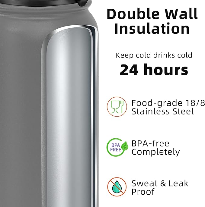 Fanhaw 20 oz Insulated Stainless Steel Water Bottle with Anti-Dust Chug Lid, Leakproof Vacuum Metal Bottle for Kids, Women & Men (Gray)
