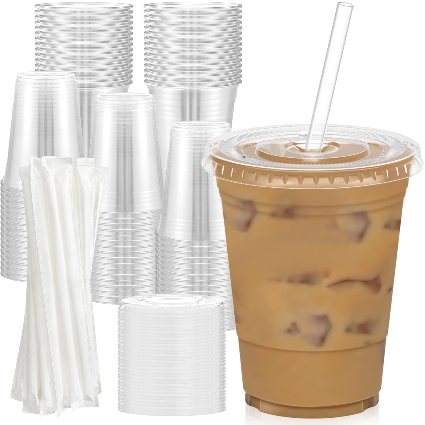 Dealusy 100 Pack - 20 oz Clear Plastic Cups with Lids and Straws