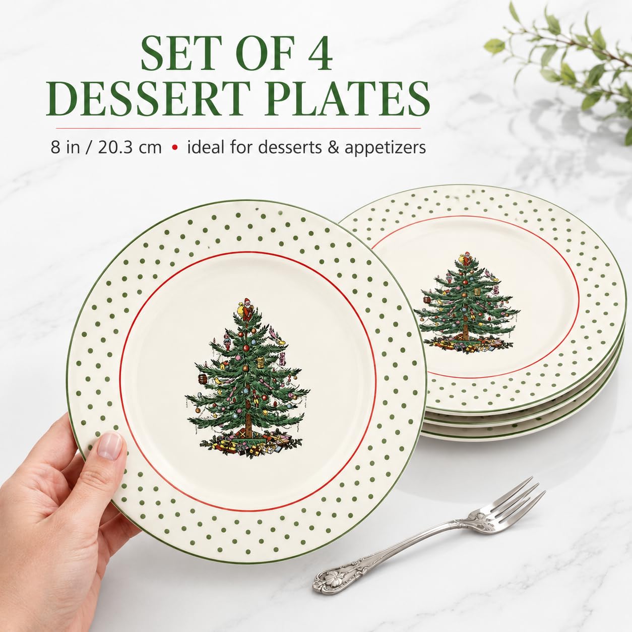 Spode Christmas Tree Polka Dot Dessert Plate (Set of 4) - Festive 8-Inch Stoneware Plates for Holiday Entertaining, Appetizers, Snacks - Microwave, Dishwasher, Freezer Safe Party Appetizer Dishes