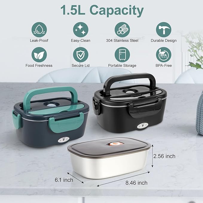 1.5L Stainless Steel Inner Container with Cover, Single Compartment, Removable Replacement Tray, Easy to Clean, Dishwasher Safe (Only for 1.5L Electric Lunch Box)