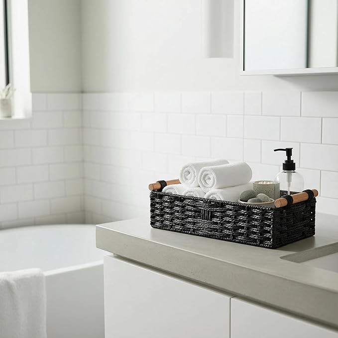 Back of Toilet Basket, Black Toilet Tank Basket for Toilet Paper Storage (Holds 2 Rolls), Paper Rope Wicker Storage Bin with Wooden Handles for Toilet Top, Over Toilet Shelf, Bathroom Counter