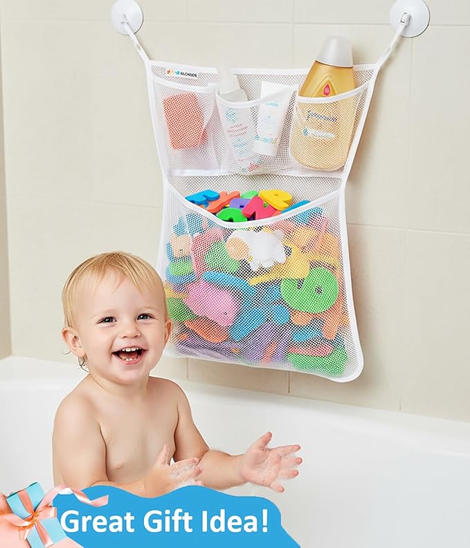 Bath Toy Holder 14x20 Inch, Mesh Bathtub Toy Storage Basket, Kids Bath Net, Tub Holder Bag, Toddler Shower Caddy Hanging Bucket Bin, Baby Bathroom Organizer with 2 Suction Cups, 2 Adhesive Wall Hooks