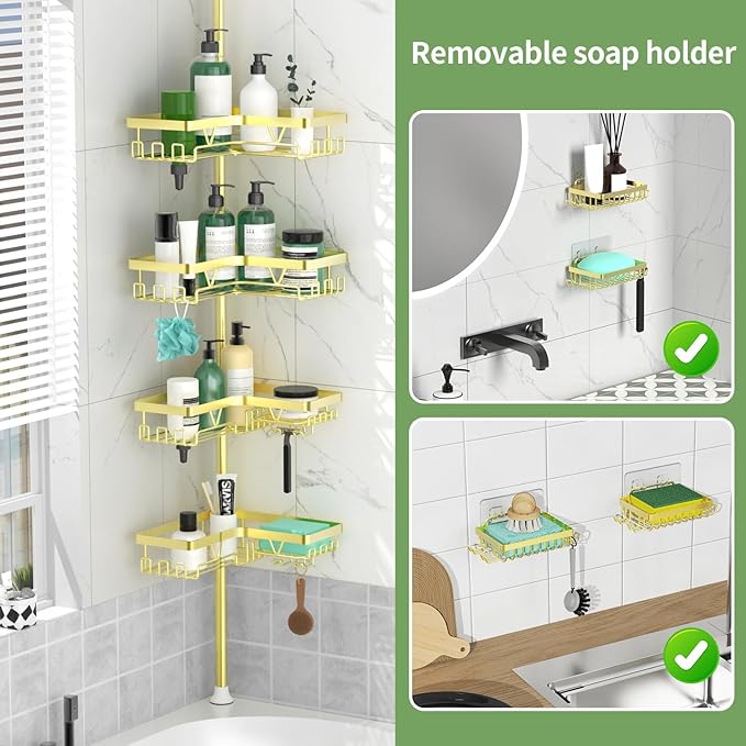 Shower Caddy Tension Pole with 2 Soap Holders, Adjustable Corner Shower Caddy, Gold Finish, Expandable 25-114.2 Inches for Bathtub Corner, Bathroom Storage Organizer