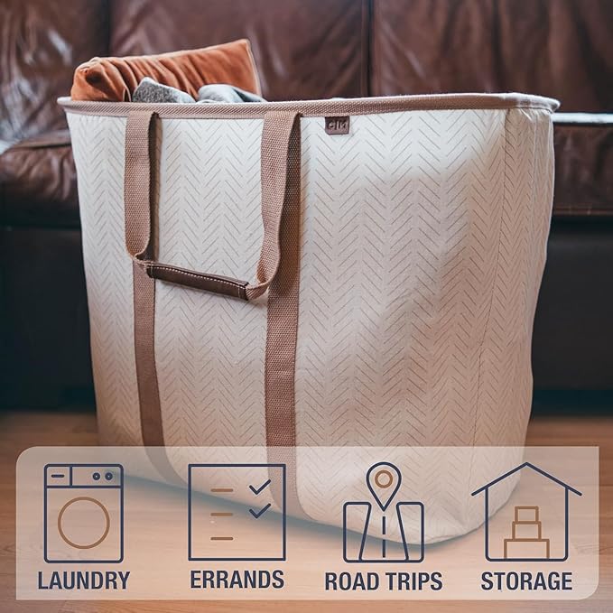 CleverMade Collapsible Laundry Caddy – Foldable Laundry Hamper & Tote, XXL 64L Pop-Up Laundry Basket with Handles, Space-Saving Laundry Organizer for Home & Travel, 2 Pack - LUXE Cream Herringbone