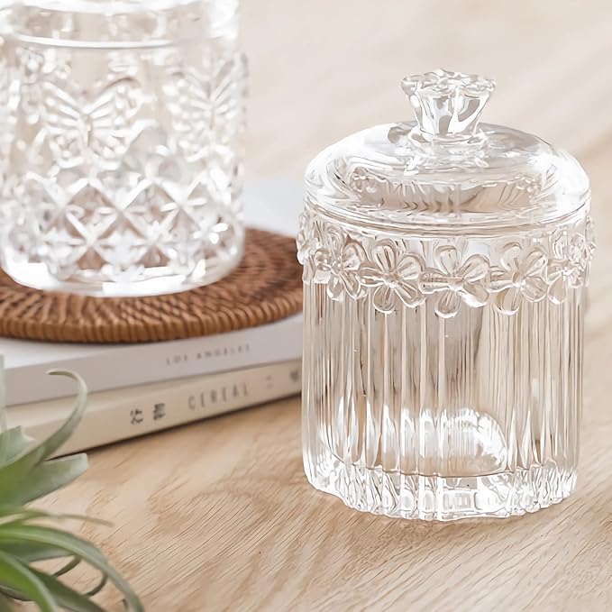 rejomiik 2 Pack Qtip Holder Glass Apothecary Jars with Lids Bathroom Accessories Vanity Organizers and Makeup Storage Canister for Cotton Swabs, Balls, Pads, Floss Picks, Candy, Clear