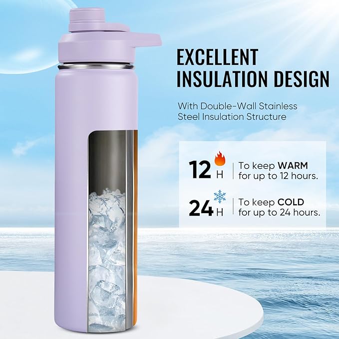 24 oz Insulated Water Bottle with Handle, 304 Stainless Steel Water Bottles with Wide Mouth, Double Wall Vacuum Sports Water Bottle, BPA Free, Keep Cold and Hot, Purple