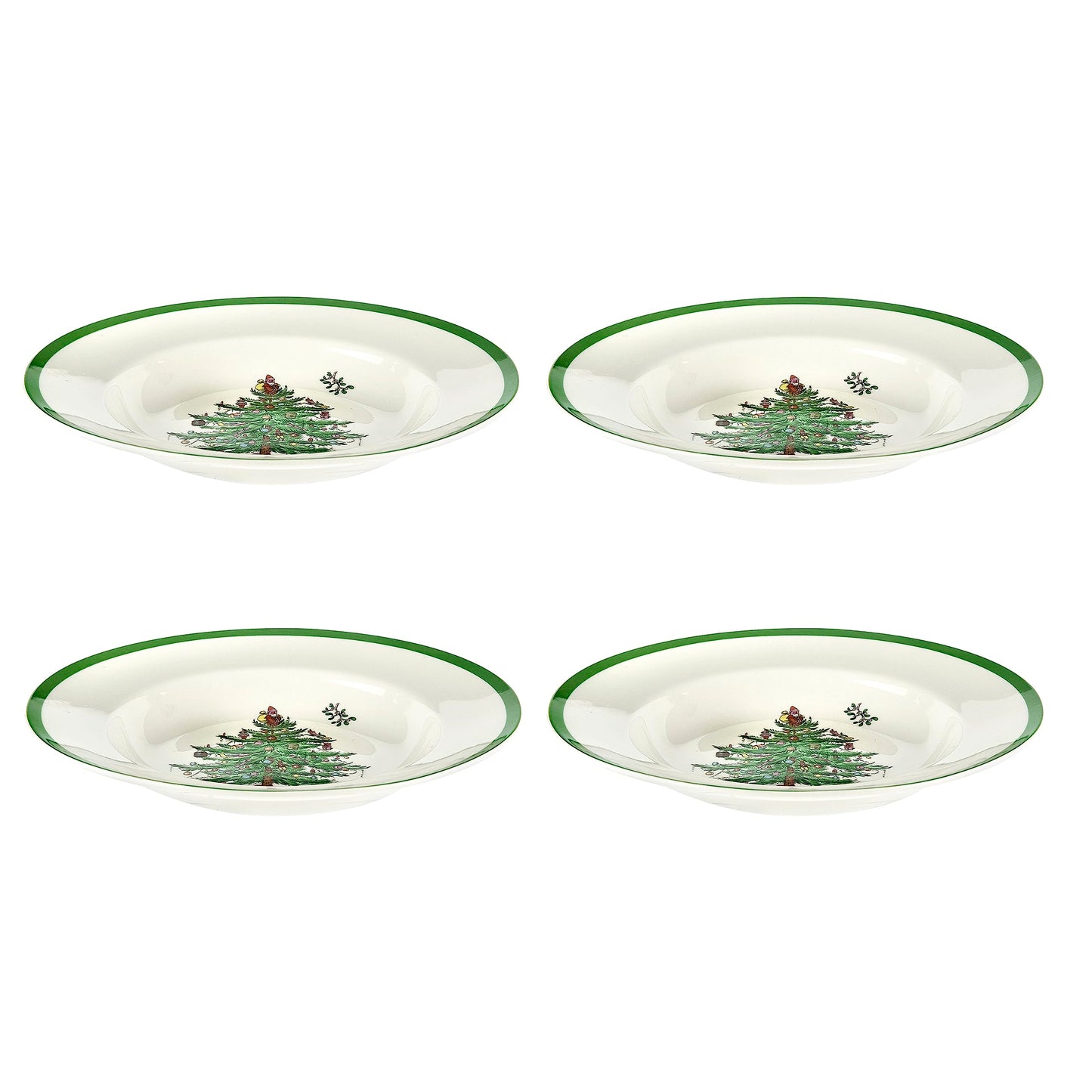 Spode Christmas Tree 9" Soup Plate (Set of 4) – Stoneware Bowls with Festive Tree Design & Green Rim, Ideal for Serving Soup, Pasta, Salad – Microwave & Dishwasher Safe Holiday Dinnerware