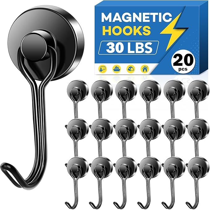 LOVIMAG Hooks, 30lbs+ Magnetic Magnet Hook 2025 Cruise Cabin Ship Essentials Heavy Duty Strong Refrigerator Fridge Hanging for Classroom Beach Vacation Kitchen Grills Home Mug Hanger (20 Pack), Black