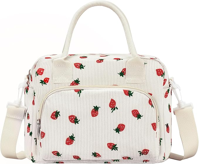 Lunch Bag Women Lunch Box for Women Adult Cute Insulated Lunch Bag Lager Cooler Lunch Tote Bags for Work Picnic (Beige-Strawberry)
