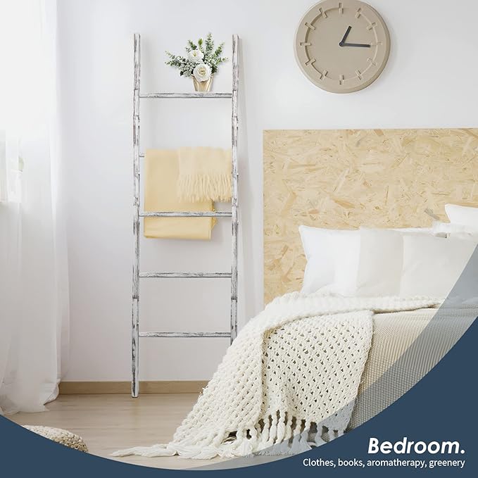 6-Tier Blanket Ladder Wooden, 5.7FT(66.5'') Blanket Quilt Towel Holder Rack Decorative Ladder, Easy Assembly, Rustic Farmhouse Ladder Shelf for the Living Room Bedroom Bathroom Home Decor, White Wash