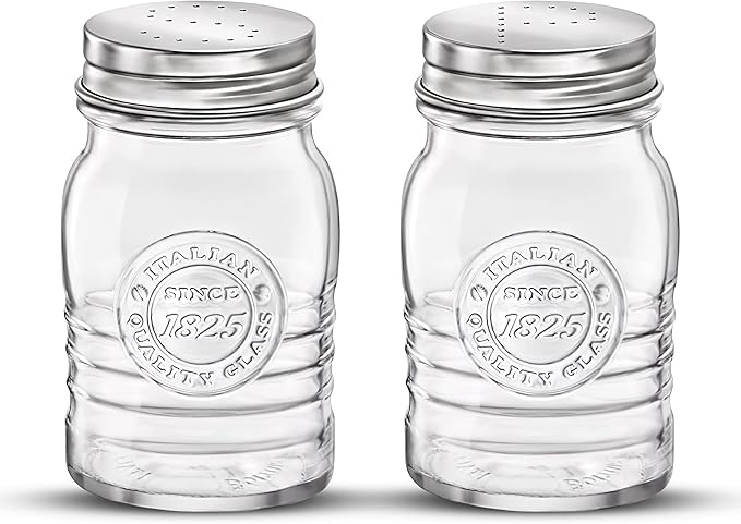 Bormioli Rocco Officina 1825 Salt & Pepper Jars Set of 2-8 Oz. Ribbed Glass Containers with Airtight Metal Lids for Seasoning, Cooking & Dining Table Use - Italian Glass Storage Design