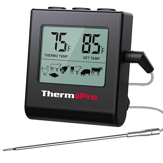 TempPro TP16H Large LCD Digital Meat Thermometer for Cooking, Smoking, Grilling, BBQ Food Thermometer with Clock Timer and Stainless Steel Probe, Black