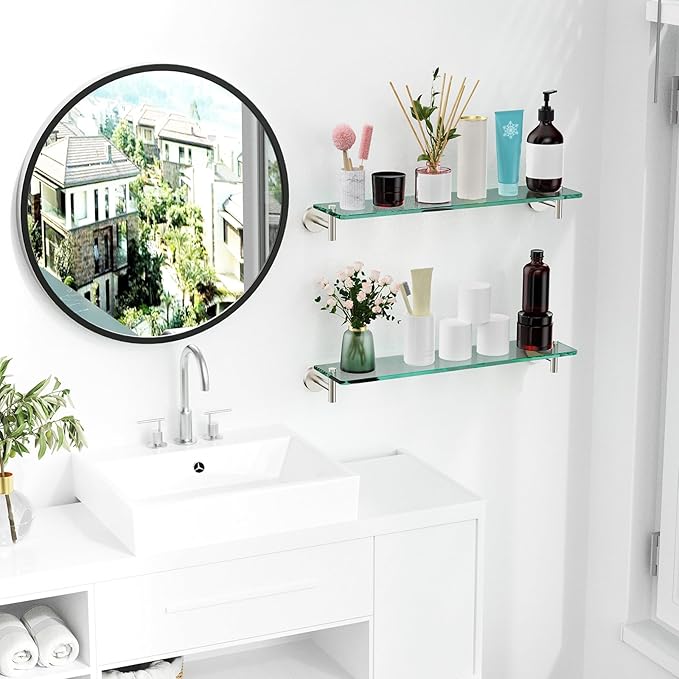 Glass Shelves for Bathroom,20-Inch Brushed Nickel Floating Bathroom Shelf Stainless Steel Tempered Glass Shelf Modern Shelves Wall Mounted