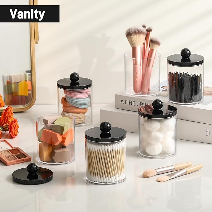 2 Pack Acrylic Qtip Holder Dispenser for Cotton Swabs, Balls, Pads, Floss - Plastic Canister Apothecary Jar Set, Bathroom Essentials Accessories Decor Vanity Makeup Storage Organizer - Clear & Black