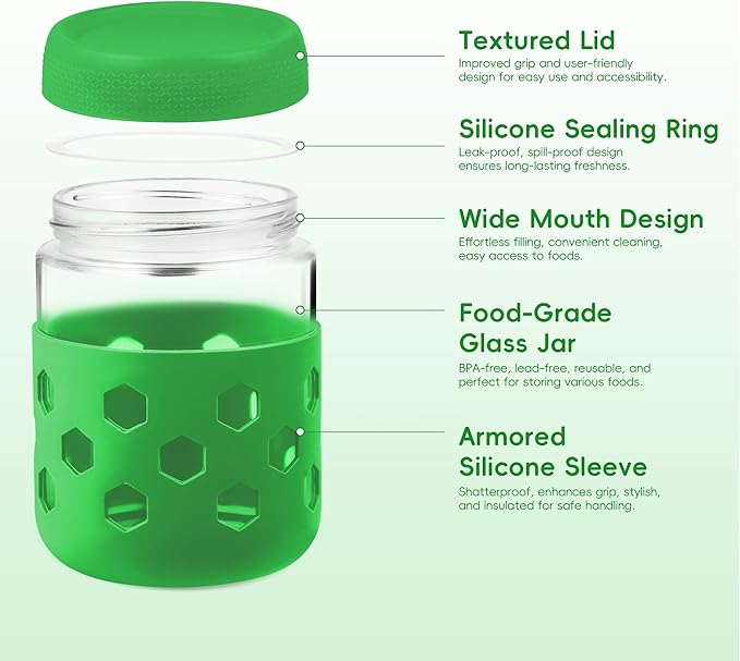 Gemice 6-Pack 16 oz Overnight Oats Containers with Lids and Silicone Sleeves, Glass Mason Jars with Airtight Lid, Dishwasher Safe, Wide Mouth Chia Seed Pudding Meal Prep Jar for Yogurt Berries Snack