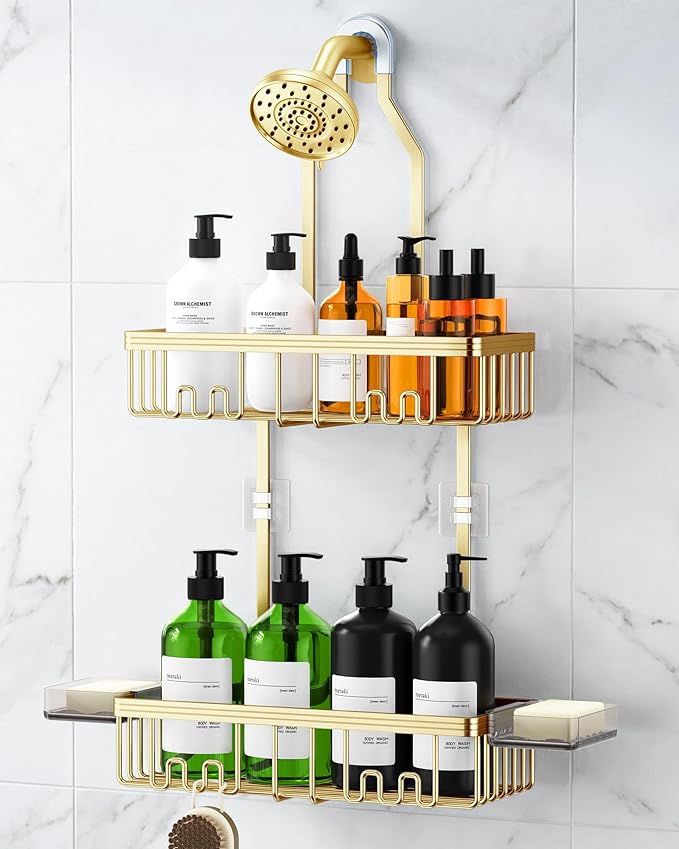 Shower Caddy Hanging, Shower Organizer Hanging, Aluminum Shower Racks for Inside Shower with Hooks for Razor, Never Rust Bathroom Organizers and Storage with Soap Holder, Gold