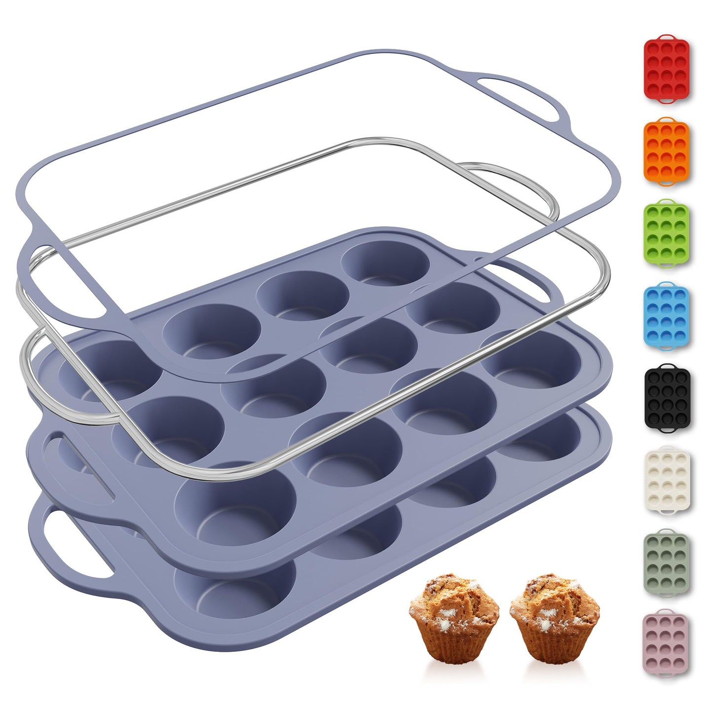 2 Packs 12 Cups Silicone Muffin Pan for Baking with Metal Reinforced Frame Regular Size Cupcake Pan Tray Chocolate Egg Pizza Bites Oven Top Cookie Molds Muffin Tin Tart Pans Sheet Set Bakeware Liner