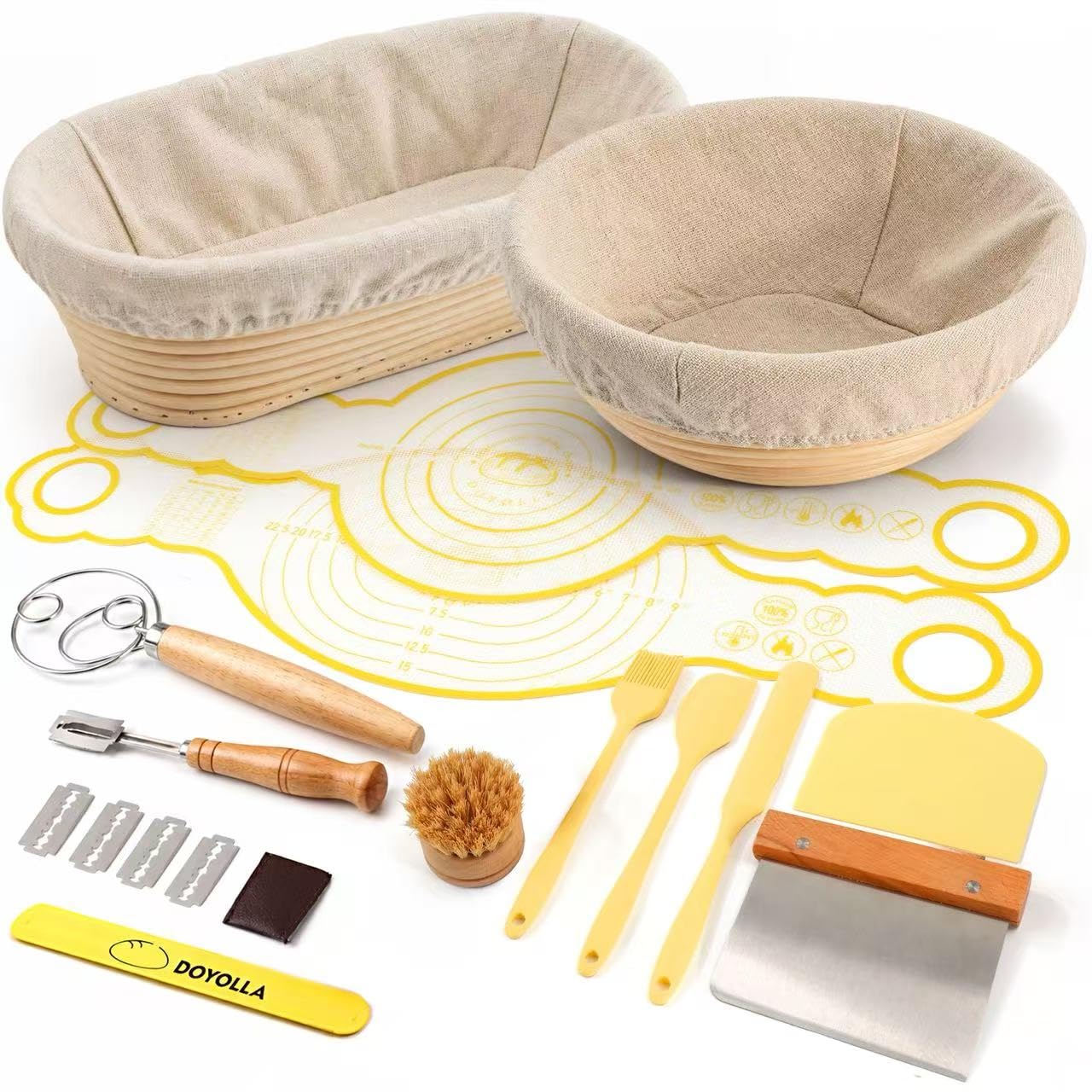 DOYOLLA Bread Proofing Baskets Set, 10 inch Oval & 8.5 inch Round Sour Dough Proofing Bowls w/Tools for Sourdough Bread Baking Supplies, Baking Gifts, Bread Making Kit