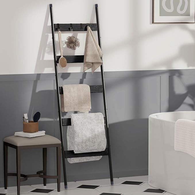 Blanket Ladder, 5-Tier Towel Holder with 4 Removable Hooks, Farmhouse Wall Leaning Decorative Rack Shelf, Wooden Towel Display Rack, Quilt Ladder for Living Room, Bedroom, Black