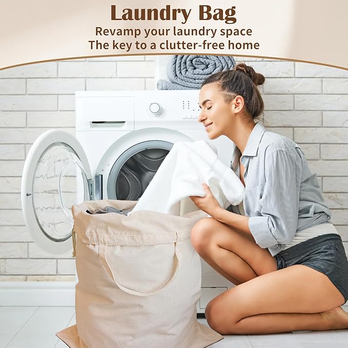 Cotton Canvas Laundry Bag 33"Wx 35"H, Thick Cotton Laundry Bag with Handles & Drawstring, Extra Large Heavy Duty Washable Basket Liner Hamper Liner Storage Sack (Natural XL, 1 Pack)