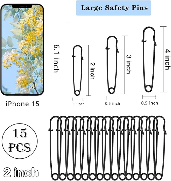 15Pcs Large Safety Pins, 2‘’ Heavy Duty Steel Safety Pins for Clothes, Ideal for Leather, Canvas, and Wool, Sharp Tip for Secure Hold, Perfect for Clothing, Diapers, Blankets, and More, Black