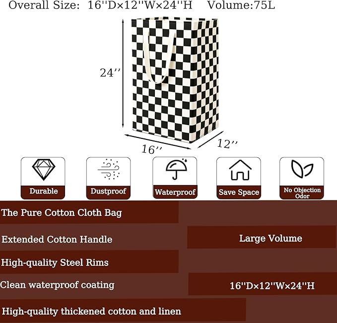 Waterproof Laundry Hamper 75L Collapsible Laundry Basket Extended Cotton Handle Laundry Bag Large Clothes Storage Toy Organization for Bathroom Bedroom Laundryroom College Dorms