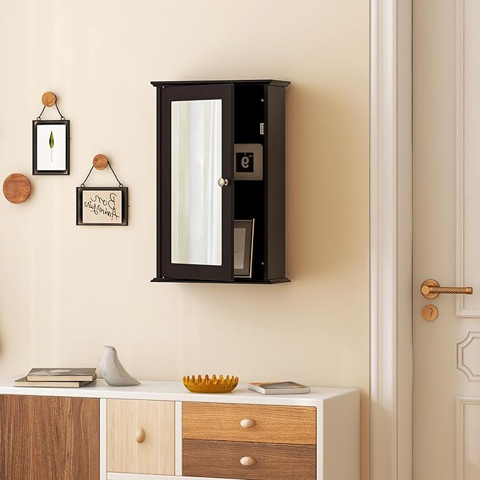 Tangkula Bathroom Medicine Cabinet with Mirror, Wall Mounted Single Mirror Door Storage Cabinet w/Adjustable Shelf, Wall Cabinet w/Reversible Door for Bathroom Living Room Hallway (Brown)