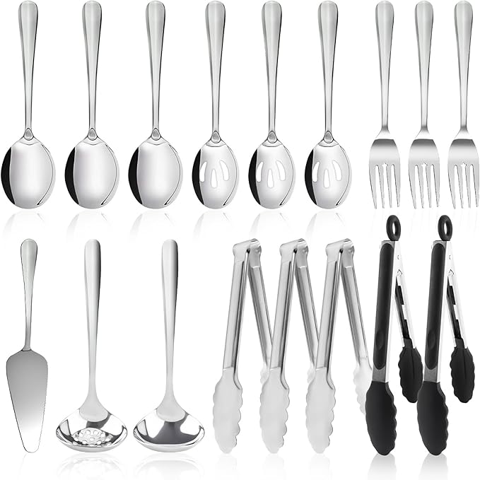 17PCS Serving Spoons and Utensils Set, Stainless Steel Serveware Gold