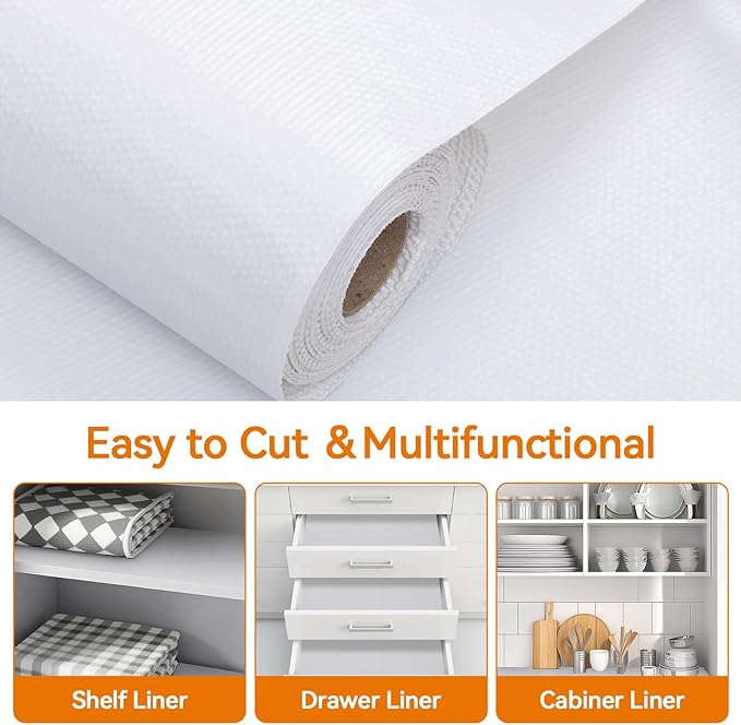 Shelf and Drawer Liner for Kitchen Cabinets Non-Adhesive, Strong Grip Non-Slip Thickened Cabinet Liners for Shelves, Waterproof Mats for Dresser Cupboard, White, 24 in x 20 Feet
