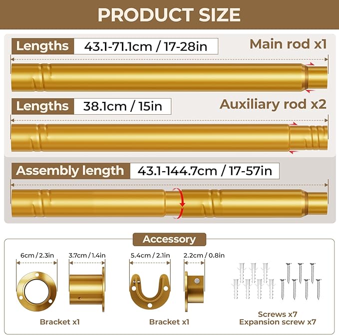 Mavivegue Closet Rod, 17 to 57 Inch Gold Adjustable Closet Rods for Hanging Clothes, Hanging Rod for Closet Wardrobes Laundry RV, Bathroom
