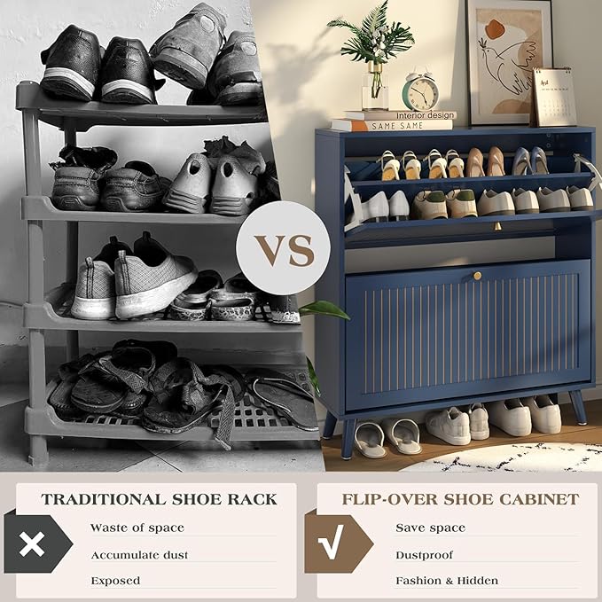 Shoe Storage Cabinet for Entryway with 2 Flip Drawers, Narrow Wood Shoe Cabinet with Fluted Panel, Freestanding Hidden Shoe Organizer for Foyer, Hallway (Blue - with Shelf)