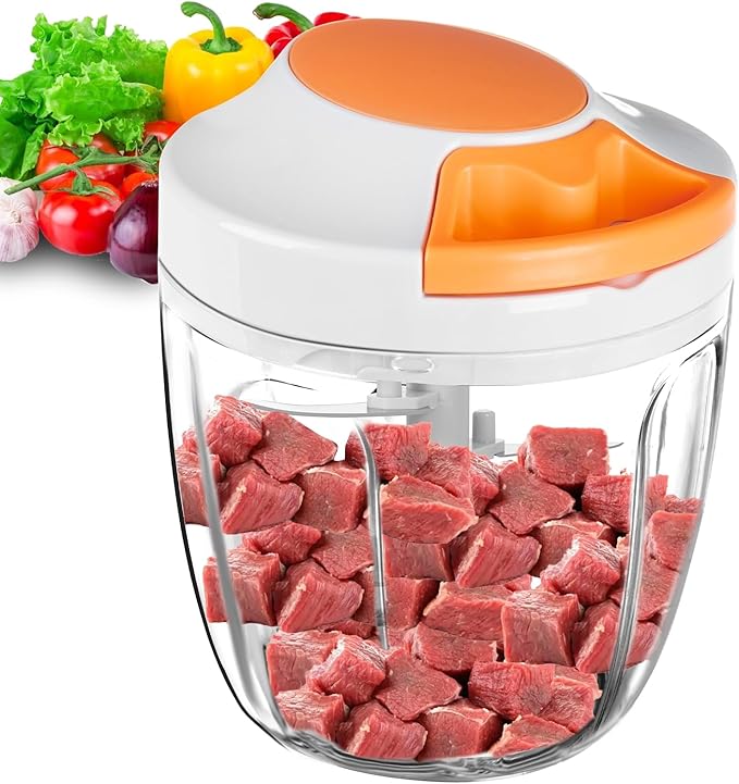 Manual Food Processor & Vegetable Chopper, Hand Pull String Garlic Mincer Onion Chopper Dicer for Salsa Pesto Guacamole, 3 Stainless Steel Blades, 650ml White