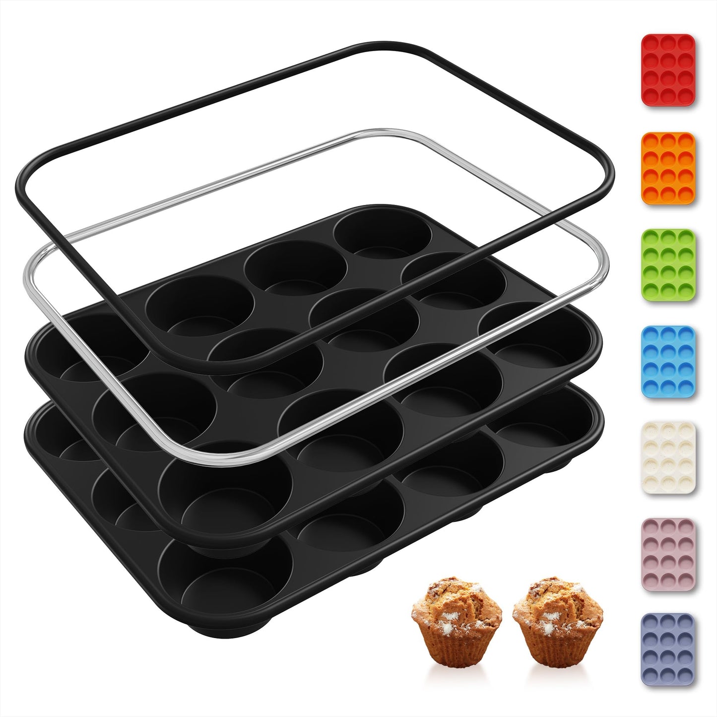 2 Pack 12 Cups Silicone Muffin Pan with Metal Reinforced Frame Regular Size Silicone Molds Cupcake Cake Baking Pans Cookie Baking Chocoflan Cupcake Mold Kitchen Baking Mold Tools for Cooking