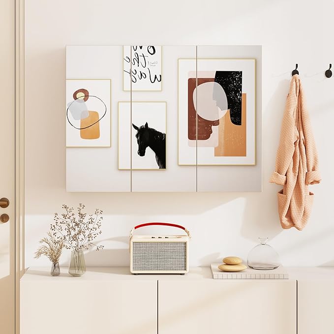 Tangkula Mirrored Medicine Cabinet, Large Wide Wall Mounted Storage Cabinet with 3 Mirror Doors, Hanging Bathroom Organizer, White, 34.5 x 5 x 25.5 Inches