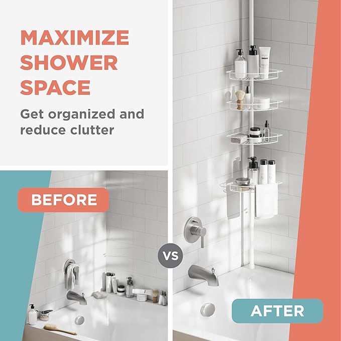 Zenna Home Tension Pole Shower Caddy Corner Organizer, Adjustable Standing Shower Caddy with 4 Baskets and Built in Towel Bar, Rust Resistant Bathroom Tension Rod Organizer, 60 to 97 Inch, White