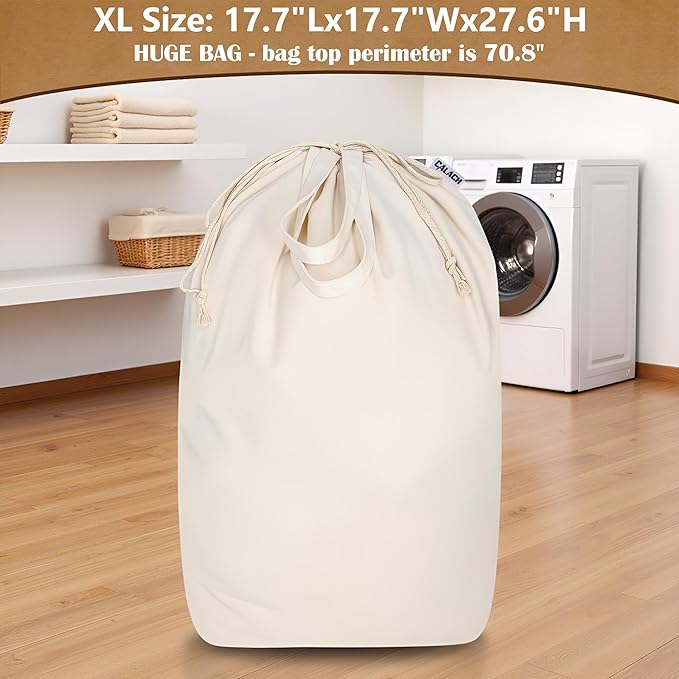 Canvas Laundry Bags with Handles & Square Base18"Lx18"Wx27.6"H, Extra Large Heavy Duty Laundry Basket Hamper Liner, Washable Drawstring Dirty Clothes Bag Canvas Storage Sack (Beige XL,1 Pack)