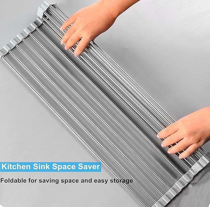 Seropy Roll Up Dish Drying Rack Over The Sink for RV Sink 17.5x15.7 in Kitchen Drying Rack Folding Dish Drainer Mat Rolling Dish Rack Foldable Rack Stainless Steel Wide Kitchen Dry Rack