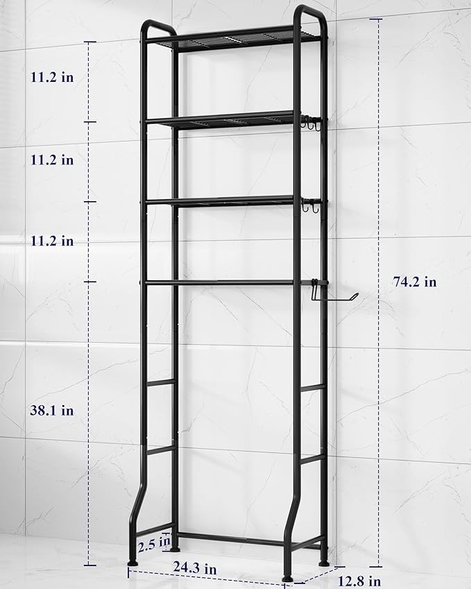 Kitsure Over Toilet Storage Rack - Metal Over Toilet Bathroom Organizer Shelf, Over The Toilet Storage Cabinet with Paper Holder and Hooks, Bathroom Cabinet for Laundry, Black, 4 Tiers (74.2" H)