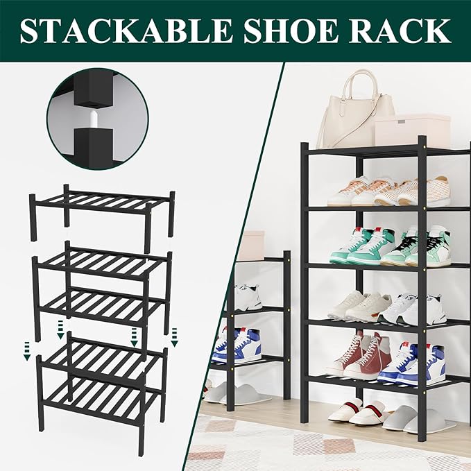 Smiry Shoe Rack, 5 Tier Small Bamboo Shoe Organizer, Stackable Free Standing Wooden Shoe Storage Shelf for Closet, Entryway, Front Door Entrance, Black