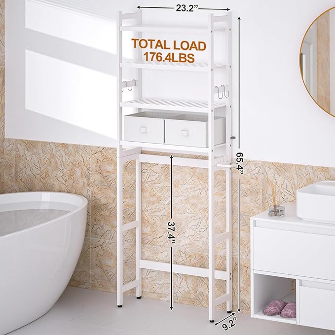 Over The Toilet Storage with 2 Baskets, 4-Tier Bamboo Organizer Rack with Paper Holder & 4 Hooks & Waterproof Feet Pad,Freestanding Shelf for Bathroom(White)