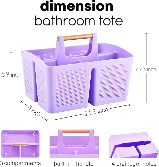 ALINK Portable Shower Caddy Basket with Compartments, Plastic Divided Cleaning Caddy Organizer Storage Tote with Handle for Bathroom, College, Dorm Room Essentials - Purple