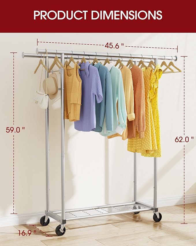 Mobile Double Rod Clothes Rack, Freestanding Garment Organizer with Medium Load Capacity and Bottom Storage Shelf for Home Use,Silver
