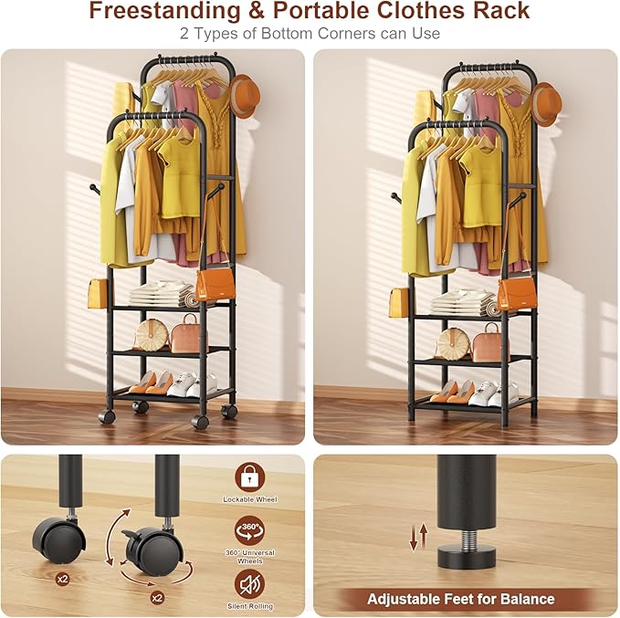 Furologee Rolling Clothing Racks for Hanging Clothes, Double Rods Clothes Rack With Wheels, Sturdy Coat Racks,Portable Metal Garment Rack for Bedroom Laundry Living Room, Black